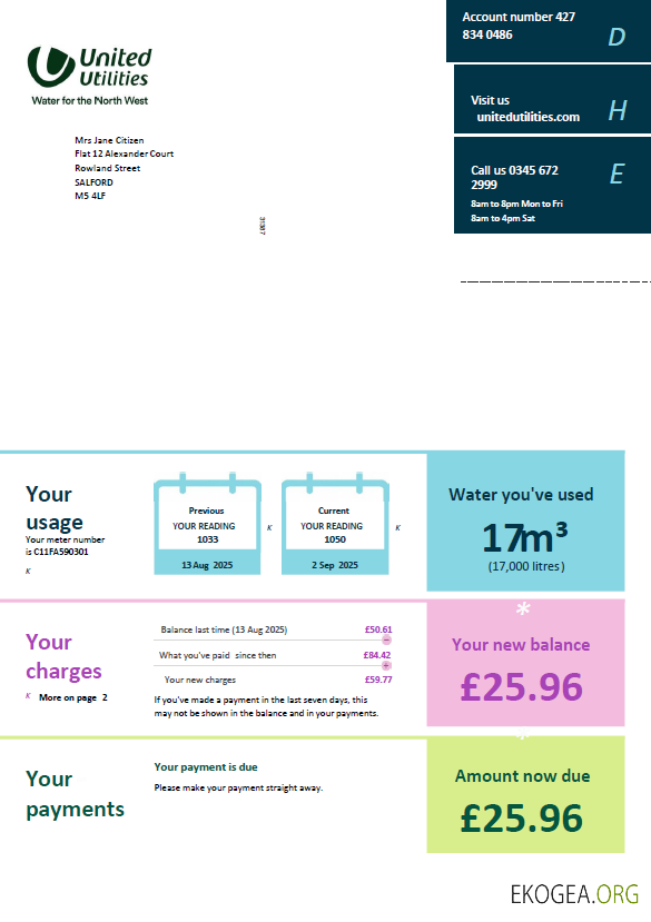 United Kingdom United Utilities utility bill template in Word and PDF formats